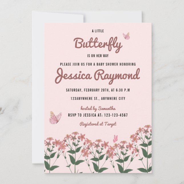 Invitation Un Petit Papillon Est En Chemin Baby shower Rose (Devant)