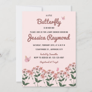 Invitation Un Petit Papillon Est En Chemin Baby shower Rose