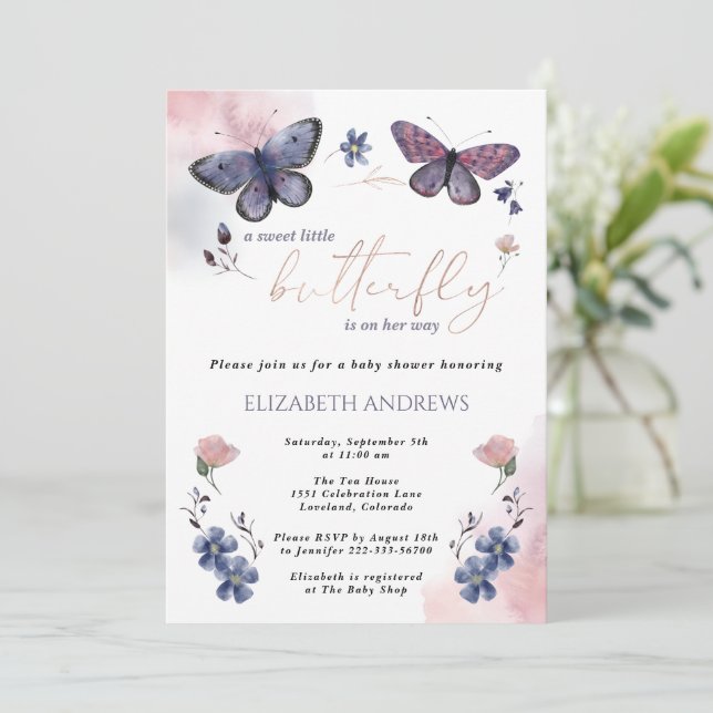 Invitation Un Petit Papillon Est En Chemin De Baby shower (Debout devant)