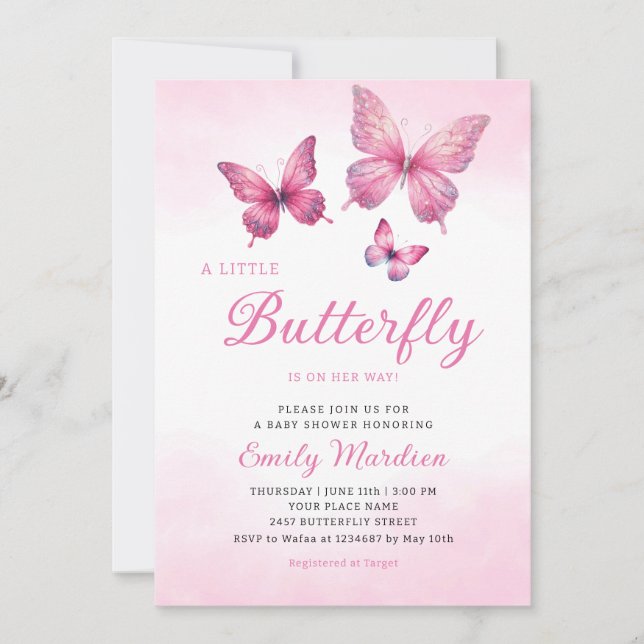 Invitation Un Petit Papillon Est En Chemin Fille Baby shower (Devant)