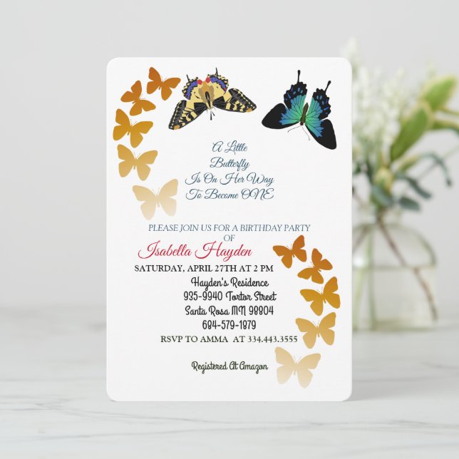 Invitation Un Petit Papillon Est En Route Anniversaire Modern (Debout devant)