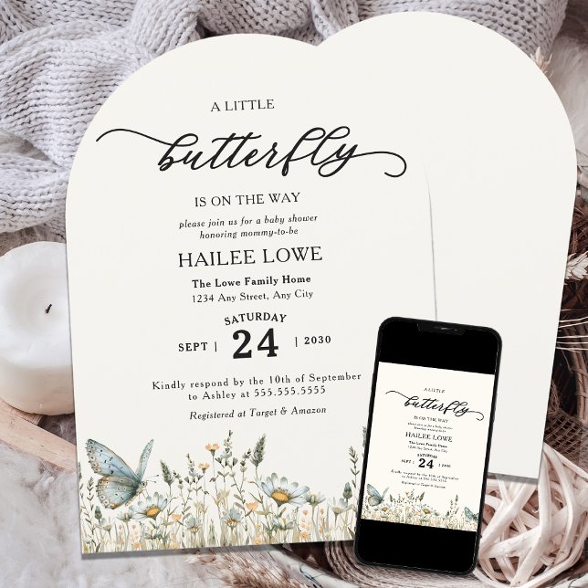 Invitation Un Petit Papillon Se Trouve Sur Le Chemin Du Baby  (Créateur téléchargé)