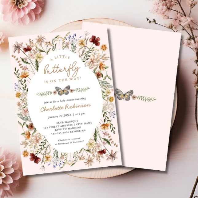 Invitation Un petit papillon sur le chemin Baby shower floral (A Little Butterfly on the Way Floral Baby Shower Invitation)
