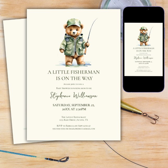 Invitation Un petit pêcheur est en route Fête de bébé ours (Créateur téléchargé)