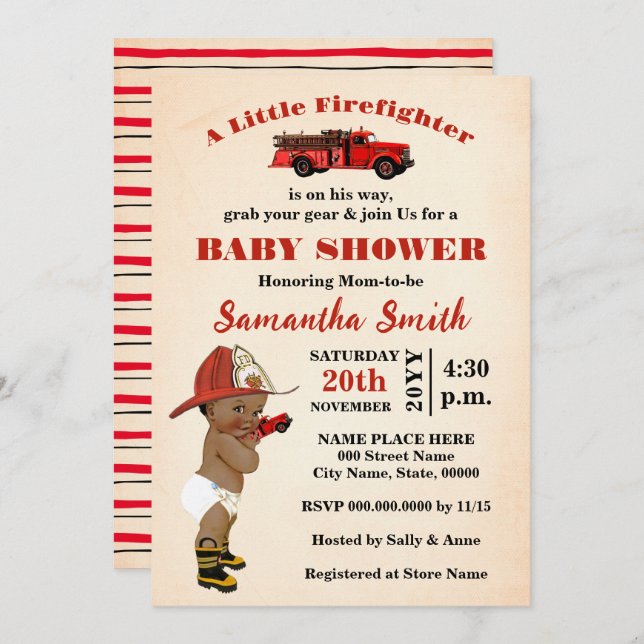 Invitation Un petit pompier est en route Un Baby shower (Devant / Derrière)
