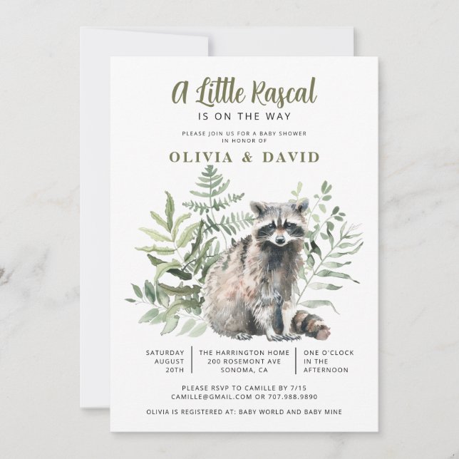 Invitation Un Petit Rascal Sur Le Chemin Baby shower Raccoon (Devant)