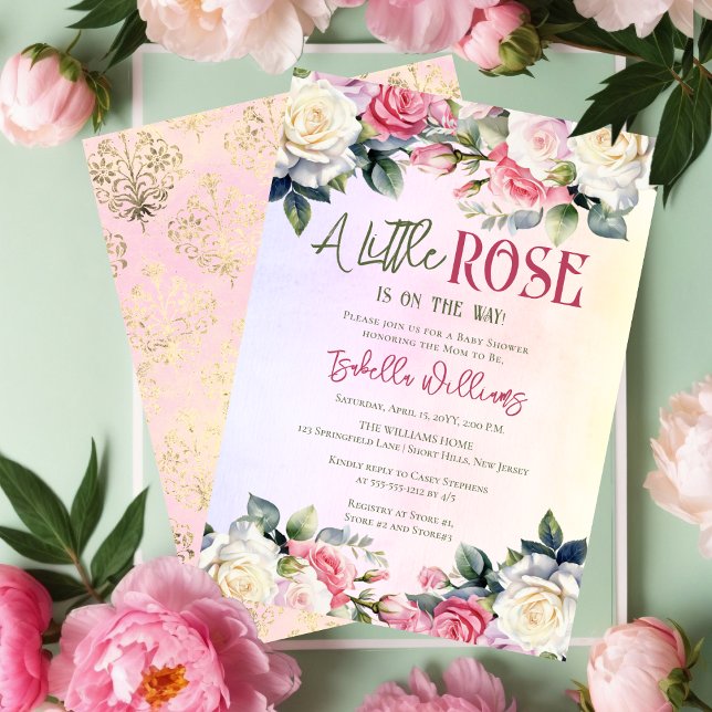 Invitation Un Petit Rose Se Trouve Sur Le Chemin Du Baby show (A Little Rose Is On The Way Pink Rose Bouquets Girl Baby Shower Invitation --Gold Tone Damask Back)