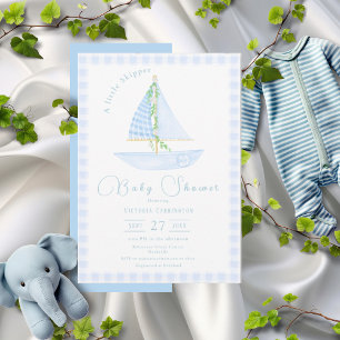 Invitation Un Petit Skipper Blue Plaid Baby shower moderne