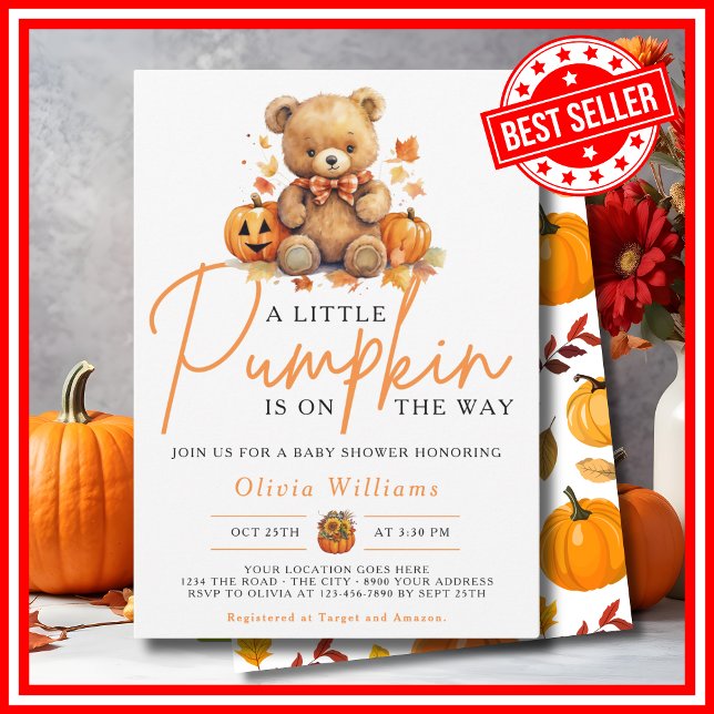 Invitation Un peu Citrouille Halloween Baby shower OURS D'Hal (A Little Pumpkin Fall Halloween BEAR Baby Shower Invitation)