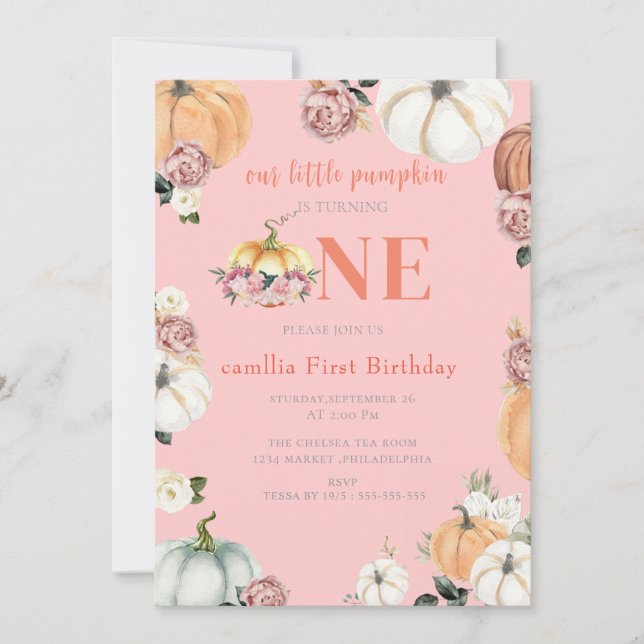 Invitation Un peu d'automne Citrouille Aquarelle fille 1er an (Devant)