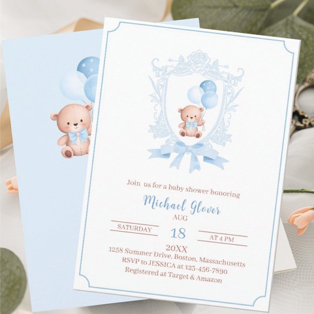 Invitation Un peu mignon baby shower bearly bleu crêtes eau (Créateur téléchargé)