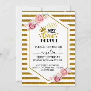 Invitation un peu miss onederful 1er anniversaire paillettes 