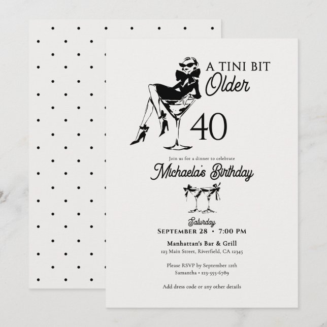 Invitation Un peu plus âgée Élégant Martini 40e anniversaire (Devant / Derrière)