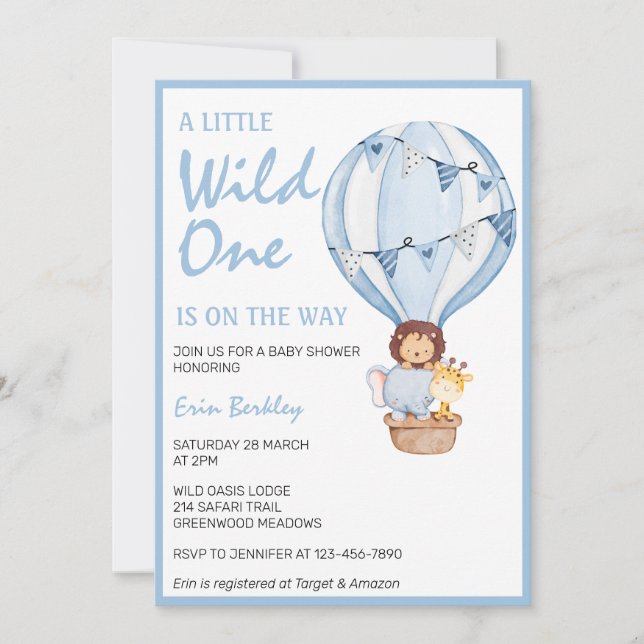 Invitation Un Peu Sauvage Sur Le Chemin Du Baby shower Bleu (Devant)