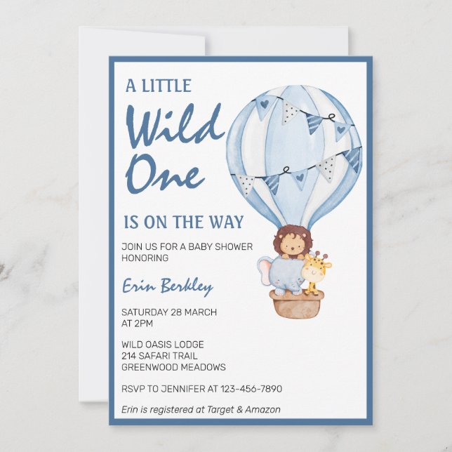 Invitation Un Peu Sauvage Sur Le Chemin Du Baby shower Bleu (Devant)