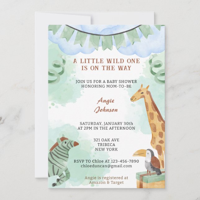 Invitation Un Peu Sauvage Sur Le Chemin Du Baby shower Vert (Devant)