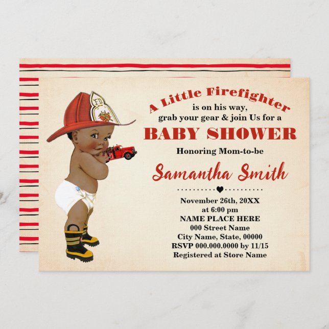 Invitation Un pompier sur son chemin Baby shower afro-américa (Devant / Derrière)