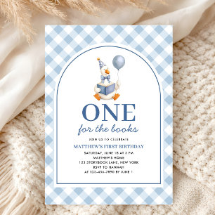 Invitation Un pour les livres Garçon Gingham Bleu 1er Anniver