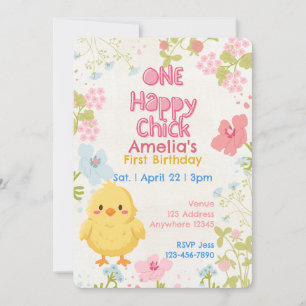 Invitation Un poussin heureux, floral 1er anniversaire