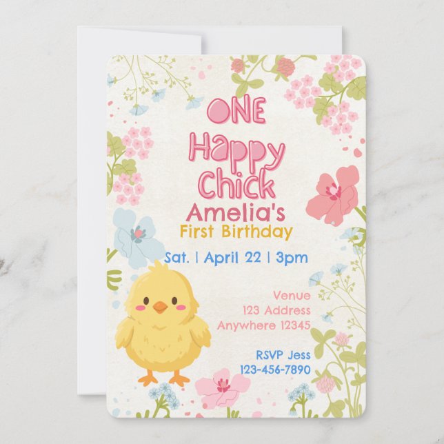 Invitation Un poussin heureux, floral 1er anniversaire (Devant)