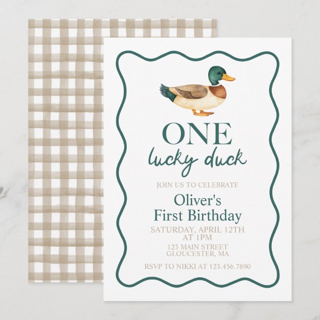 Invitation Un premier anniversaire de Canard Chanceux (Devant / Derrière)