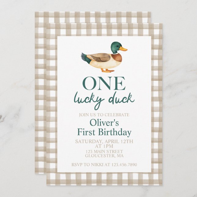 Invitation Un premier anniversaire de Lucky Duck (Devant / Derrière)