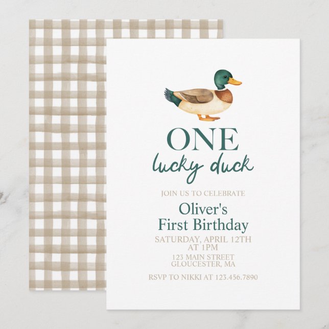 Invitation Un premier anniversaire de One Lucky Duck (Devant / Derrière)