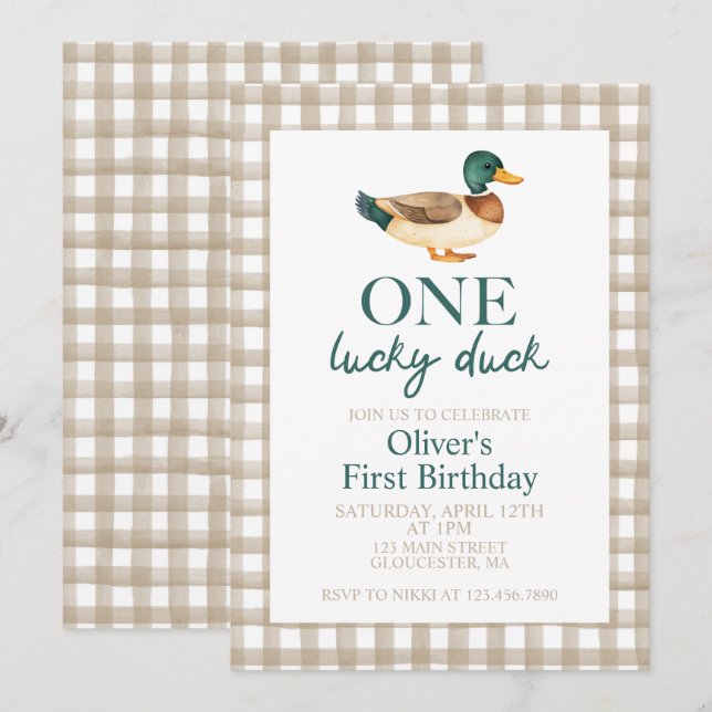 Invitation Un premier anniversaire de One Lucky Duck (Devant / Derrière)