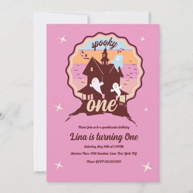 Invitation Un premier anniversaire Halloween fantôme rose eff (Devant)