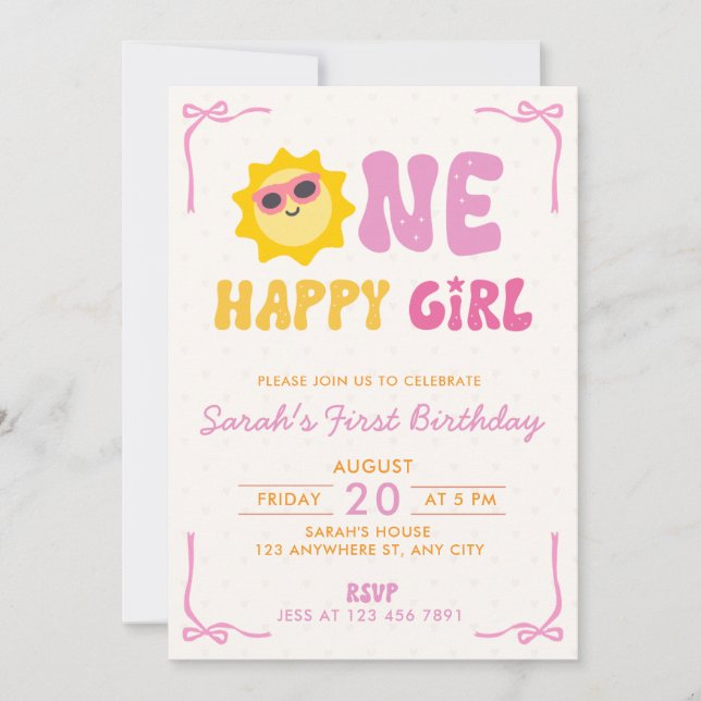 Invitation Un Premier Anniversaire Retro Fille Heureuse Solei (Devant)