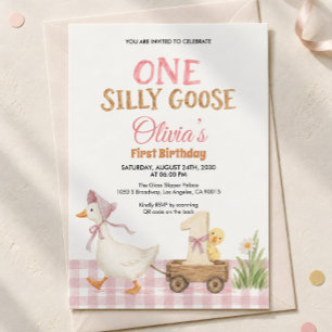 Invitation Un Premier Anniversaire Rose à Carreaux d'une Oie