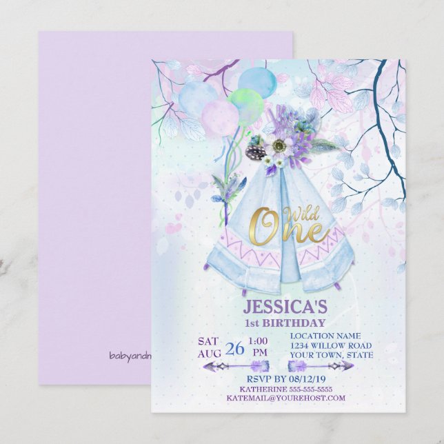 Invitation Un premier anniversaire sauvage bleu TeePee Boho (Devant / Derrière)