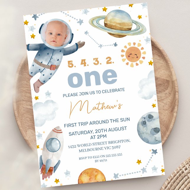 Invitation Un Premier Voyage D'Astronaute Autour Du Soleil Pr (Boys First Trip Around The Sun 1st Birthday Invitation Photo In Astronaut Spaceman Outer Space )