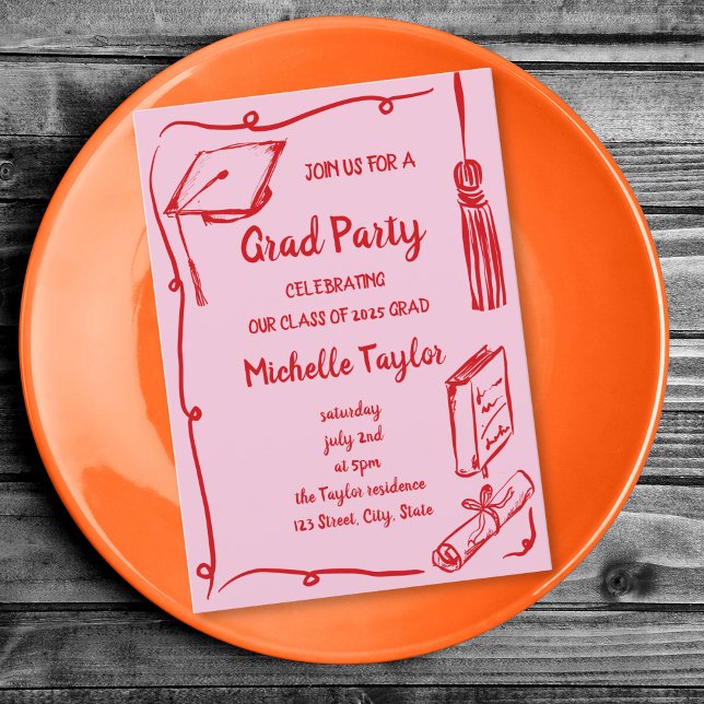 Invitation Un rose rouge irrégulier unique main tiré Grad Par (pink and red doodle grad party invitation with wavy frame, grad hat, diploma and book)