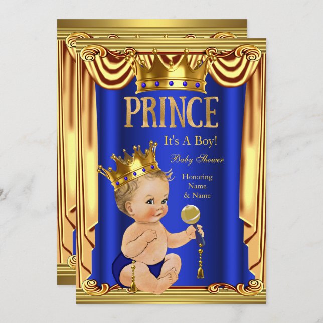 Invitation Un Royal Blue Prince Baby shower Gold Boy Blonde (Devant / Derrière)