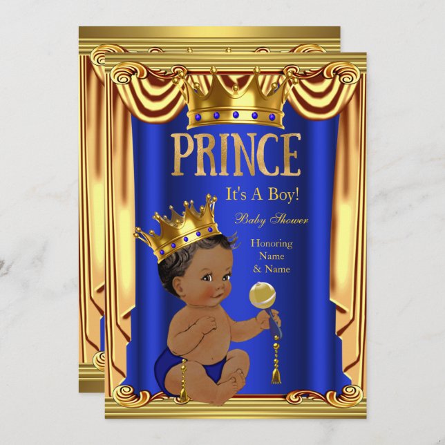 Invitation Un Royal Blue Prince Baby shower Gold Boy Ethnic (Devant / Derrière)