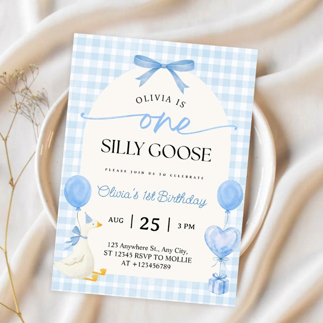 Invitation Un Ruban Bleu Gingham Silly Goose 1er Anniversaire (Créateur téléchargé)