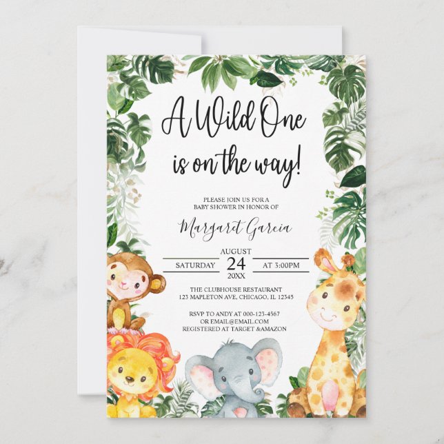 Invitation Un Safari sauvage Jungle Animaux Baby shower Invit (Devant)