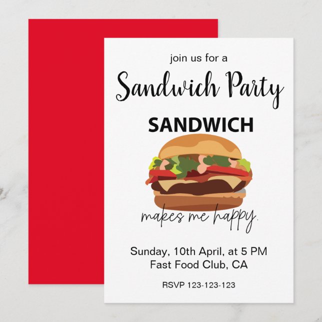 Invitation Un sandwich me rend heureux, fête (Devant / Derrière)
