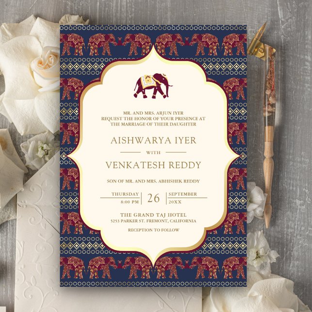 Invitation Un seul Mariage indien à l'éléphant de Bourgogne (Créateur téléchargé)