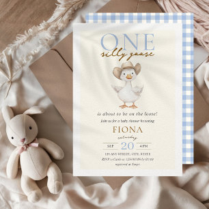 Invitation Un Silly Goose Blue En vichy Baby shower garçon