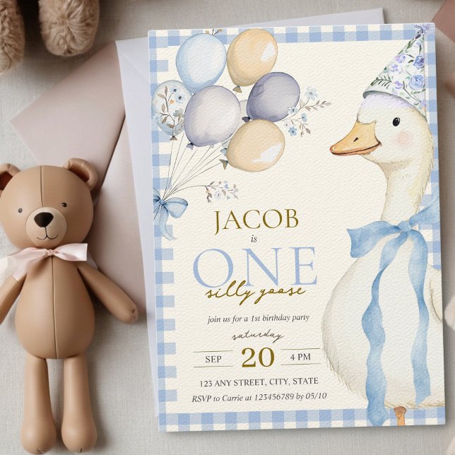 Invitation Un Silly Goose Blue En vichy Garçon 1er anniversai (One Silly Goose Boy's 1st Birthday Blue Gingham Invitation Watercolor Aesthetic Farm Animals)