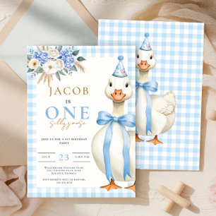 Invitation Un Silly Goose Blue En vichy Garçon 1er anniversai
