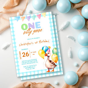 Invitation Un Silly Goose Blue En vichy Garçon 1er anniversai