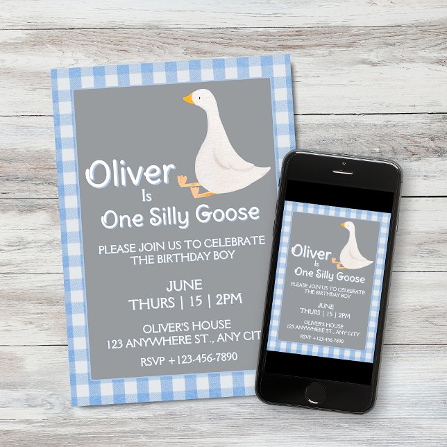 Invitation Un Silly Goose Blue En vichy la fête d'anniversair (One Silly Goose Blue Gingham Boy's Birthday Party Invitation and Download)