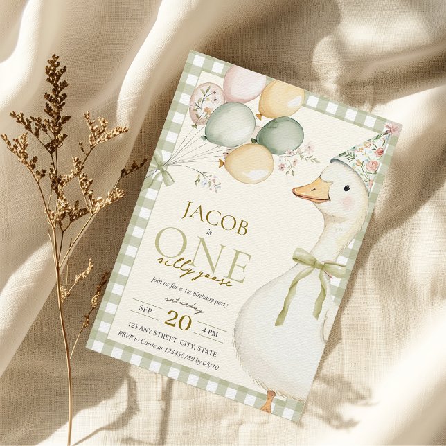 Invitation Un Silly Goose Green En vichy 1er anniversaire (One Silly Goose Green Gingham Boy's 1st Birthday Invitation Watercolor Aesthetic)