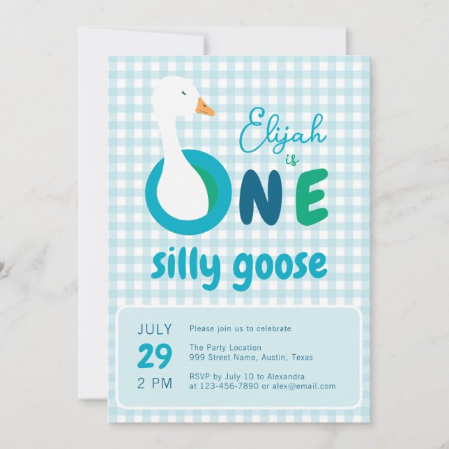 Invitation Un sot Goose Blue Plaid Boy 1er fête d'anniversair (Devant)