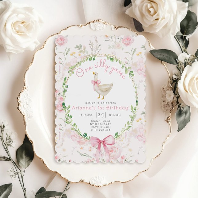 Invitation Un sot oie Blush rose Bow fille 1er anniversaire (Créateur téléchargé)