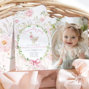 Invitation Un sot oie rose pâle Bow Photo 1er anniversaire