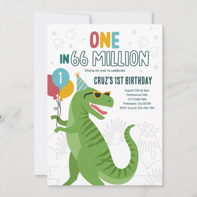 Invitation Un Sur 66 Millions De Dinosaures T-Rex 1er Anniver (Devant)